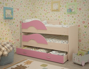 Детская 2-х ярусная кровать Радуга 1.6 с ящиком, корпус Млечный дуб, фасад Розовый в Южно-Сахалинске