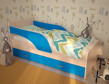 Кровать с ящиками Максимка, корпус Млечный дуб, фасад Синий в Южно-Сахалинске - предосмотр