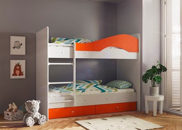 Кровать 2-ярусная ТМК Мая с 2 ящиками на щитах, корпус Млечный дуб, фасад Оранжевый в Южно-Сахалинске
