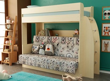 Двухэтажная детская кровать Омега-17 с диваном (Дуб млечный) в Южно-Сахалинске