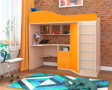 Детская кровать-шкаф Кадет-1 с металлической лестницей, корпус Дуб, фасад Оранжевый в Южно-Сахалинске