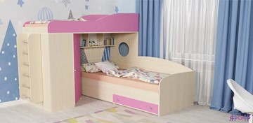 Детская кровать-шкаф Кадет-2 с металлической лестницей, корпус Дуб, фасад Розовый в Южно-Сахалинске