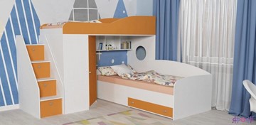 Кровать-чердак детская Кадет-2 с универсальной лестницей, корпус Белое дерево, фасад Оранжевый в Южно-Сахалинске
