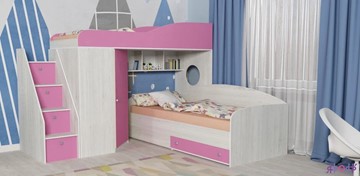 Детская кровать-чердак Ярофф Кадет-2 с универсальной лестницей, корпус Винтерберг, фасад Розовый в Южно-Сахалинске