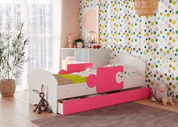 Детская кровать с ящиком и бортиками ТМК Мозайка, корпус Белый/фасад Розовый (щиты) в Южно-Сахалинске
