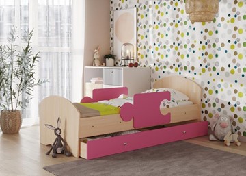 Детская кровать с ящиком и бортиками ТМК Мозайка, корпус Млечный дуб/фасад Розовый (ламели) в Южно-Сахалинске