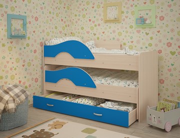 Детская 2-этажная кровать Радуга 1.6 с ящиком, корпус Млечный дуб, фасад Синий в Южно-Сахалинске