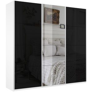 Шкаф 3-дверный Широкий Прайм (2 Стекла Черных / Зеркало) 2400x570x2300, Белый Снег в Южно-Сахалинске