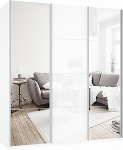 Шкаф 3-х дверный Прайм (Зеркало/Белое стекло/Зеркало) 1800x570x2300, белый снег в Южно-Сахалинске