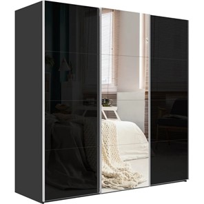 Шкаф трехдверный Эста, стекло черное/зеркало/стекло черное, 2700x660x2400, серый диамант в Южно-Сахалинске