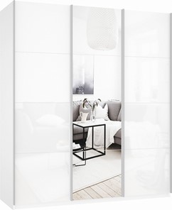 Шкаф 3-х дверный Прайм (Белое стекло/Зеркало/Белое стекло) 1800x570x2300, белый снег в Южно-Сахалинске