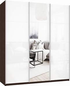 Шкаф-купе 3-х створчатый Прайм (Белое стекло/Зеркало/Белое стекло) 2100x570x2300, венге в Южно-Сахалинске