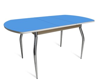 Кухонный раскладной стол ПГ-02 СТ2, дуб молочный/синие стекло/35 хром гнутые металл в Южно-Сахалинске