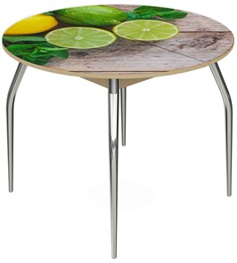 Кухонный раскладной стол Ривьера - Круг, ноги метал. крашеные №24, ФП (Фрукты №33) в Южно-Сахалинске
