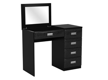 Столик косметический Como/Veda, с зеркалом, 4 ящика, правый, ЛДСП черный/Экокожа кайман черный в Южно-Сахалинске