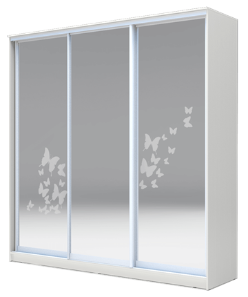 Шкаф 3-х створчатый 2300х2000х620 три зеркала, наполнение №2, Бабочки ХИТ 23-20-656-05 Белая Шагрень в Южно-Сахалинске - изображение