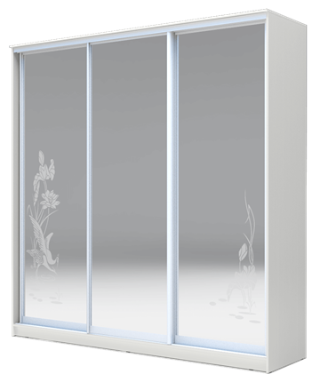 Шкаф 3-х дверный 2400х2000х620 три зеркала, наполнение №2, Цапли ХИТ 24-20-656-01 Белая Шагрень в Южно-Сахалинске - изображение