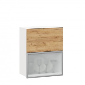 Навесной кухонный шкаф 600 горизонтальный Шервуд, ЛД 281.971.000.135, со стеклом, белый/дуб золотой в Южно-Сахалинске