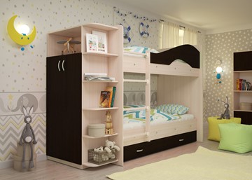 Детская двухъярусная кровать Мая на щитах со шкафом и ящиками, корпус Млечный дуб, фасад Венге в Южно-Сахалинске - предосмотр