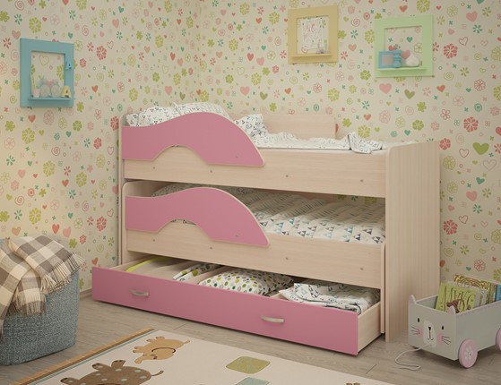 Детская 2-х ярусная кровать Радуга 1.6 с ящиком, корпус Млечный дуб, фасад Розовый в Южно-Сахалинске - изображение