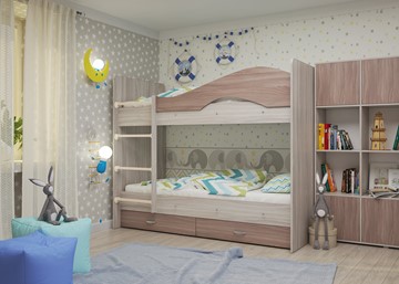 Двухэтажная детская кровать Мая с 2 ящиками на щитах, корпус Шимо светлый, фасад Шимо темный в Южно-Сахалинске - предосмотр
