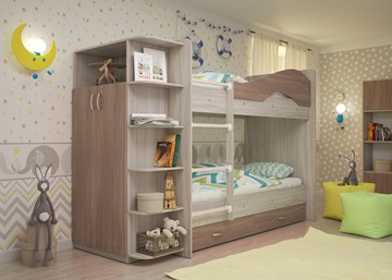 Детская 2-ярусная кровать Мая на щитах со шкафом и ящиками, корпус Шимо светлый, фасад Шимо темный в Южно-Сахалинске - предосмотр