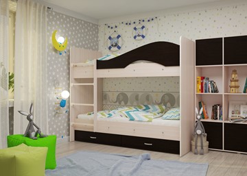 Детская  двухъярусная кровать Мая с 2 ящиками на щитах, корпус Млечный дуб, фасад Венге в Южно-Сахалинске - предосмотр 1