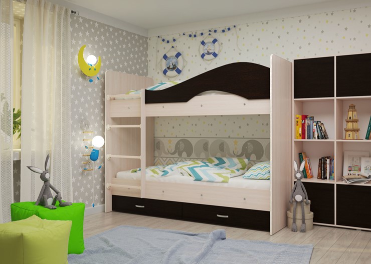 Детская  двухъярусная кровать Мая с 2 ящиками на щитах, корпус Млечный дуб, фасад Венге в Южно-Сахалинске - изображение 1