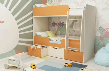 Двухэтажная кровать Малыш двойняшка 70х160, корпус Дуб молочный, фасад Оранжевый в Южно-Сахалинске