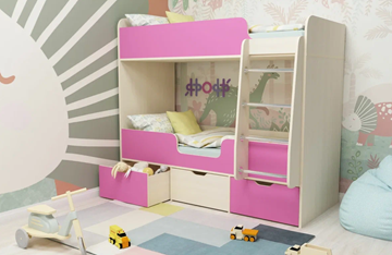 Детская 2-этажная кровать Малыш двойняшка 70х160, корпус Дуб молочный, фасад Розовый в Южно-Сахалинске - предосмотр