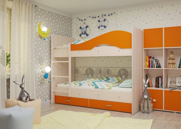 Детская двухъярусная кровать Мая на щитах, корпус Млечный дуб, фасад Оранжевый в Южно-Сахалинске - предосмотр 1