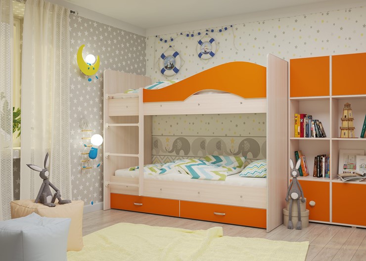 Детская двухъярусная кровать Мая на щитах, корпус Млечный дуб, фасад Оранжевый в Южно-Сахалинске - изображение 1