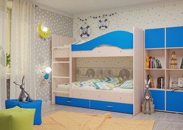 Детская двухэтажная кровать Мая на щитах со шкафом и ящиками, корпус Млечный дуб, фасад Синий в Южно-Сахалинске - предосмотр 2