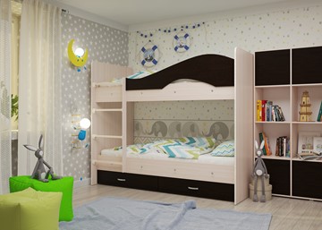 Детская двухъярусная кровать Мая на щитах со шкафом и ящиками, корпус Млечный дуб, фасад Венге в Южно-Сахалинске - предосмотр 1
