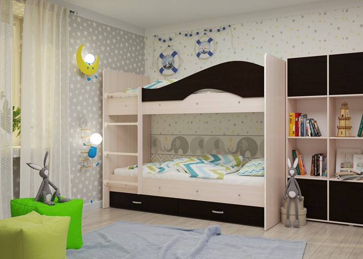 Детская двухъярусная кровать Мая на щитах со шкафом и ящиками, корпус Млечный дуб, фасад Венге в Южно-Сахалинске - изображение 1