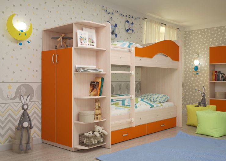Кровать 2-ярусная Мая с 2 ящиками на щитах, корпус Млечный дуб, фасад Оранжевый в Южно-Сахалинске - изображение 1