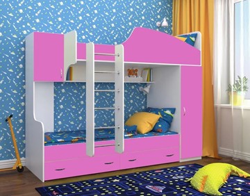 Детская двухэтажная кровать Юниор-2, каркас Белое дерево, фасад Розовый в Южно-Сахалинске - предосмотр