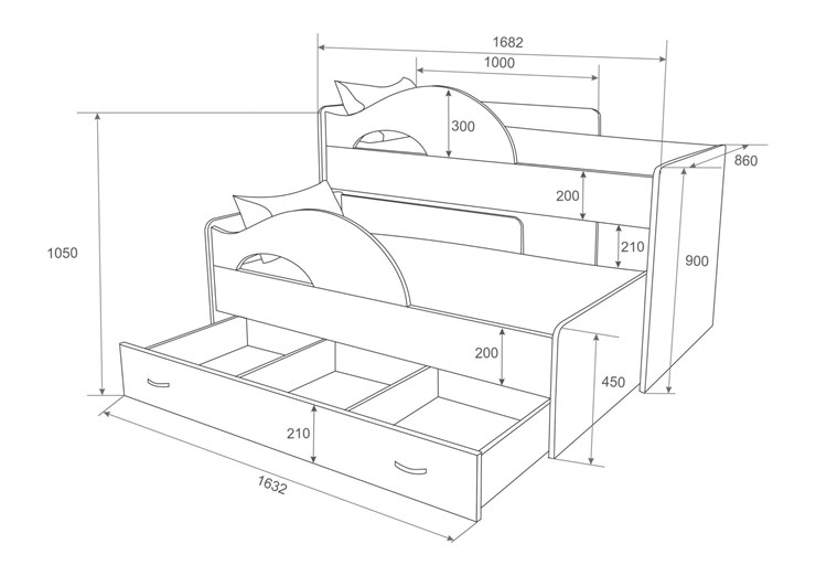 Детская 2-этажная кровать Радуга 1.6 с ящиком, корпус Млечный дуб, фасад Синий в Южно-Сахалинске - изображение 2
