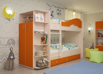 Детская 2-этажная кровать Мая на щитах со шкафом и ящиками, корпус Млечный дуб, фасад Оранжевый в Южно-Сахалинске - предосмотр