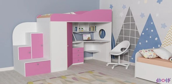 Кровать-чердак в детскую Кадет-1, корпус Белое дерево, фасад Розовый в Южно-Сахалинске - изображение
