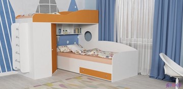 Детская кровать-шкаф Кадет-2 с металлической лестницей, корпус Белое дерево, фасад Оранжевый в Южно-Сахалинске