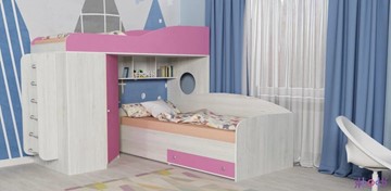 Кровать-чердак в детскую Кадет-2 с металлической лестницей, корпус Винтерберг, фасад Розовый в Южно-Сахалинске