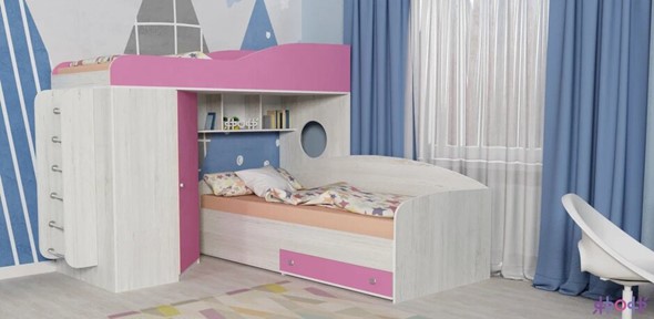 Кровать-чердак в детскую Кадет-2 с металлической лестницей, корпус Винтерберг, фасад Розовый в Южно-Сахалинске - изображение