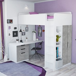 Детская кровать с письменным столом и шкафом POLINI Kids Simple Белый / Бетон в Южно-Сахалинске - предосмотр 1