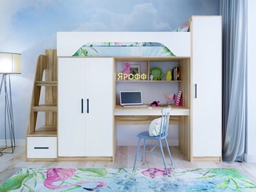 Детская кровать-чердак с шкафом Тея, каркас Ясень, фасад Белый в Южно-Сахалинске - предосмотр