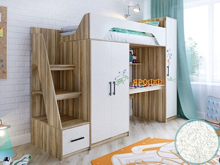 Кровать-чердак в детскую с шкафом Тея, каркас Ясень, фасад Феритейл в Южно-Сахалинске - изображение 1