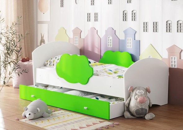 Кровать детская Тучка с ящиком, корпус Белый, фасад Лайм в Южно-Сахалинске - изображение