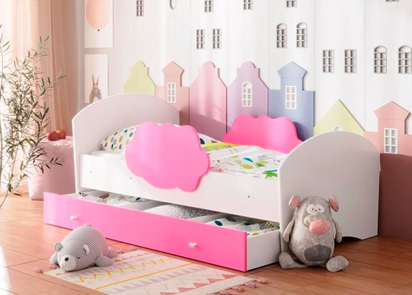 Детская кровать Тучка с ящиком, корпус Белый, фасад Розовый в Южно-Сахалинске - изображение