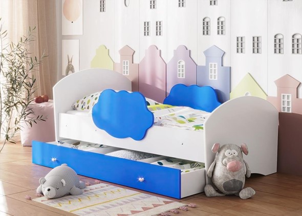 Кровать детская Тучка с ящиком, корпус Белый, фасад Синий в Южно-Сахалинске - изображение