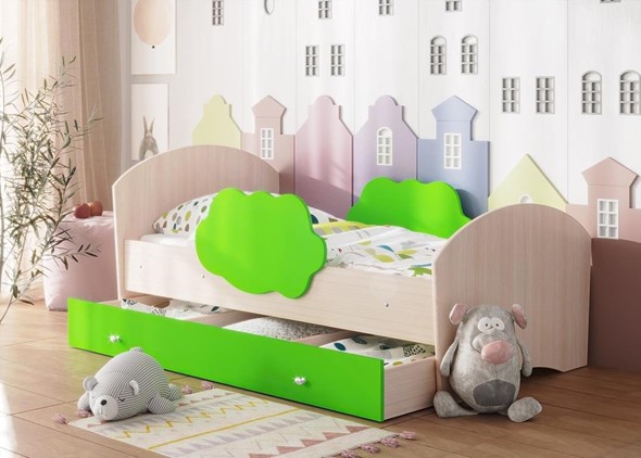 Детская кровать Тучка с ящиком, корпус Дуб млечный, фасад Лайм в Южно-Сахалинске - изображение
